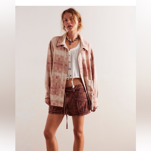 Free People Pink Plaid Button-Up Top - Picture 1 of 3